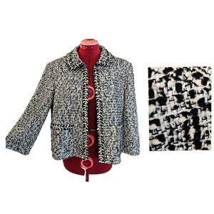 St. John Tweed Knit Blazer Jacket Collared Pockets Black White 14